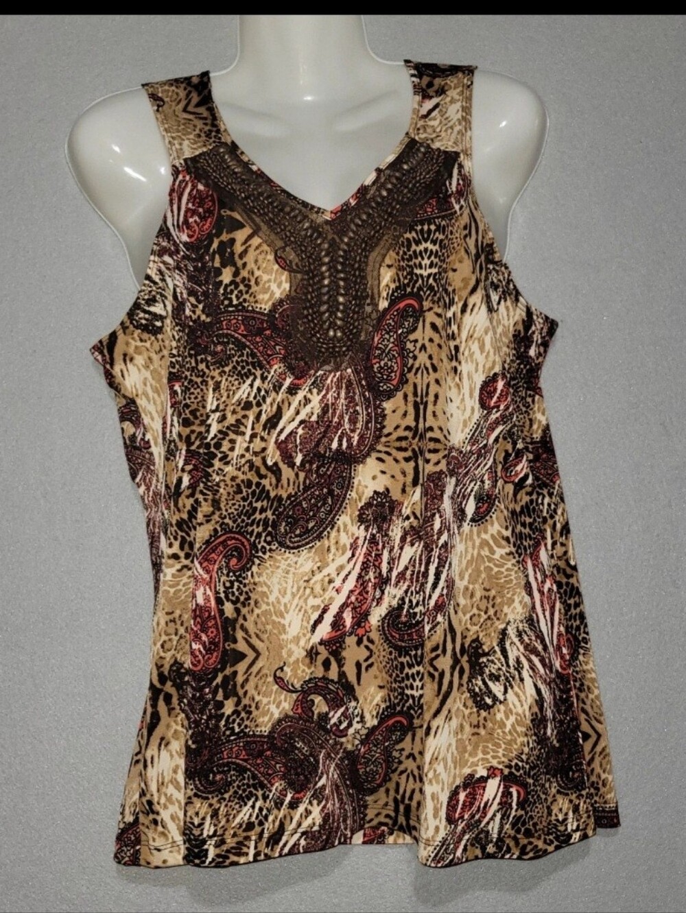 Susan Lawrence Animal Print Sleeveless Top Leopard Paisley Beaded Neck Sz Medium